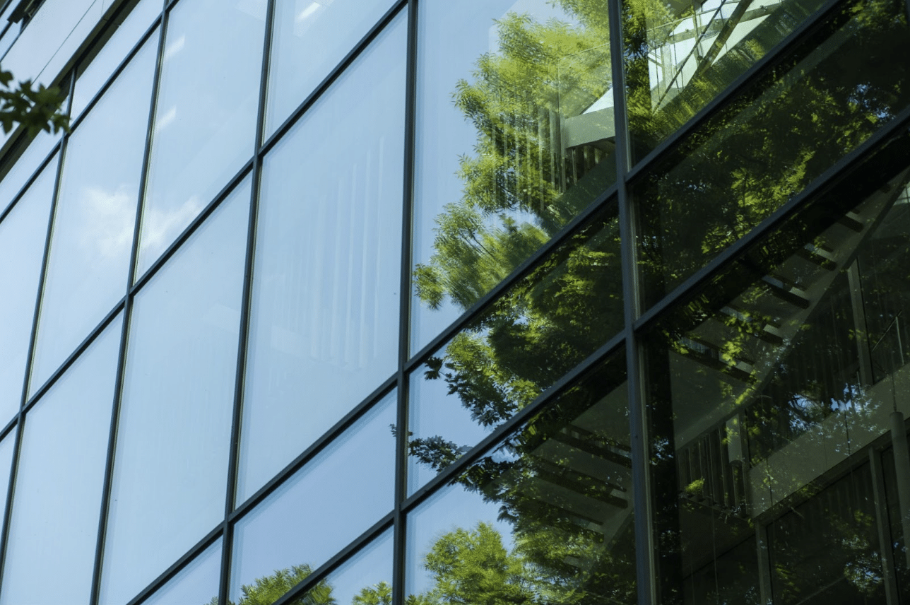 façade d'un immeuble en verre qui reflète un arbre et le ciel